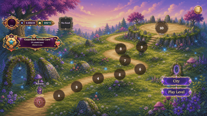 Current gameplay capture of Reverie following the Adventure level path through a magical meadow