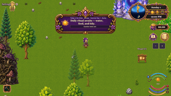 Current gameplay capture of Reverie in the Farm with the daily Wilds ritual panel visible