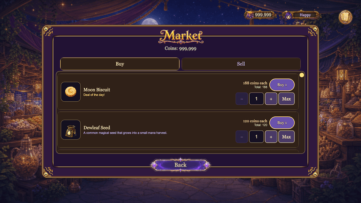 Current gameplay capture of the moonlit Market with Moon Biscuits and Dewleaf Seeds for sale