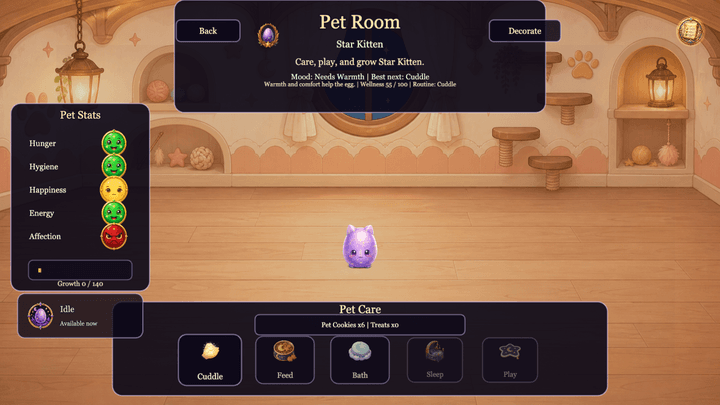 Current gameplay capture of the Pet Room showing Star Kitten's needs and care activities
