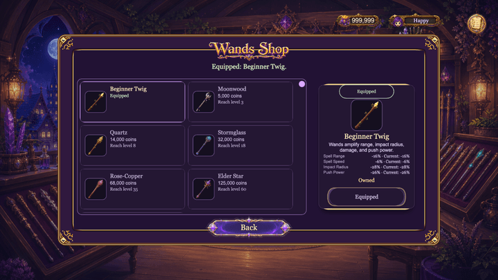 Current gameplay capture of the Wands Shop showing purchasable wands and stats