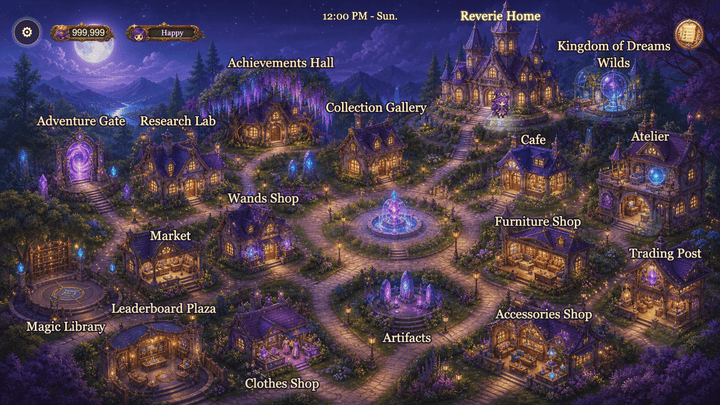 The moonlit World of Reverie town and its visitable locations