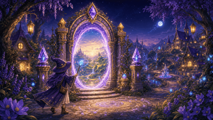 Reverie lifting her wand toward a glowing Adventure Gate in a moonlit town garden