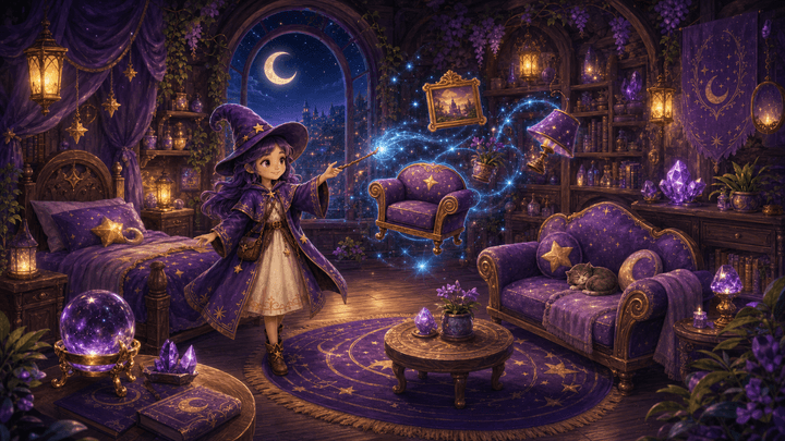 Reverie magically arranging purple starry furniture in her cozy moonlit room