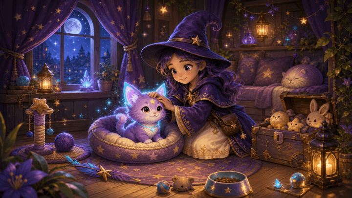 Reverie caring for a glowing star kitten in a cozy magical Pet Nook