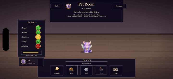 Current gameplay capture of the Pet Nook showing Star Kitten stats and care buttons