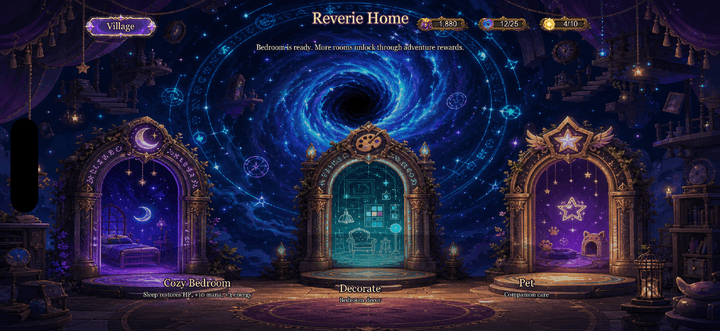 Current gameplay capture of Reverie's Home with sleep, decorate, and pet doors