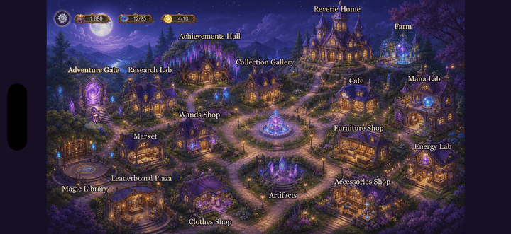 Current gameplay capture of the World of Reverie town hub with labeled buildings